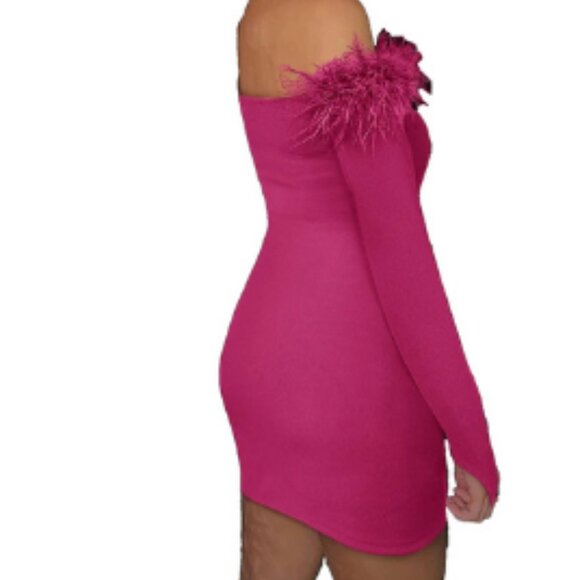 Mini Dress Off Shoulder Rib Knit Women Sz XL Orange Feather Accent Bodycon Sexy - Picture 2 of 3